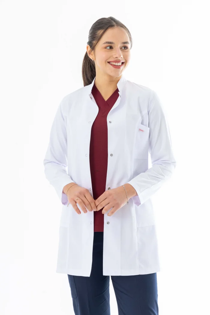 Hakim Yaka Orta Boy Kadın Doktor Önlüğü Alpaka Kumaş Beyaz (BKO002)