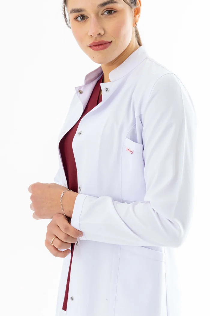 Hakim Yaka Orta Boy Kadın Doktor Önlüğü Alpaka Kumaş Beyaz (BKO002)