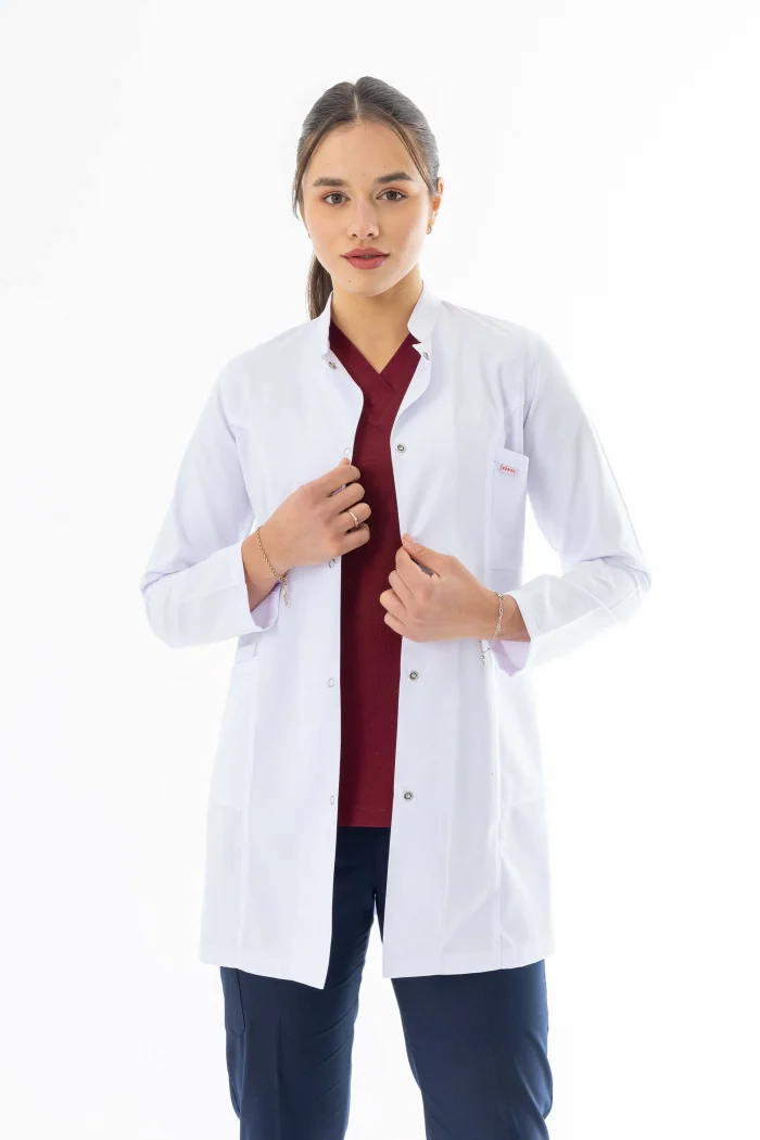 Hakim Yaka Orta Boy Kadın Doktor Önlüğü Alpaka Kumaş Beyaz (BKO002)