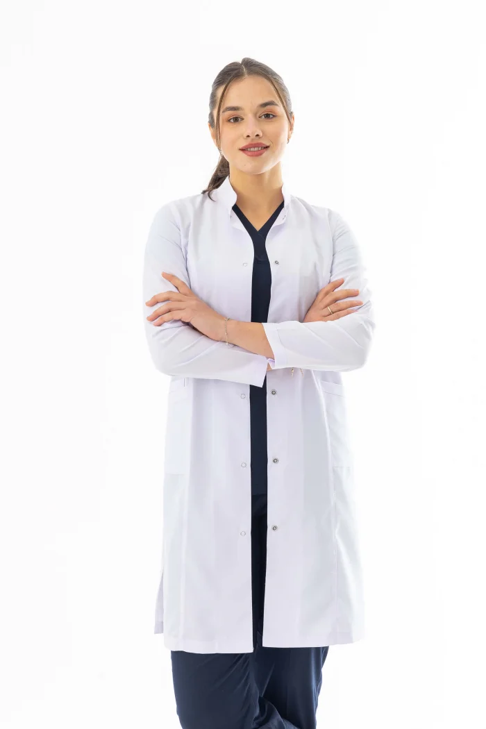 Hakim Yaka Uzun Boy Kadın Doktor Önlüğü Alpaka Kumaş Beyaz (BKO003)