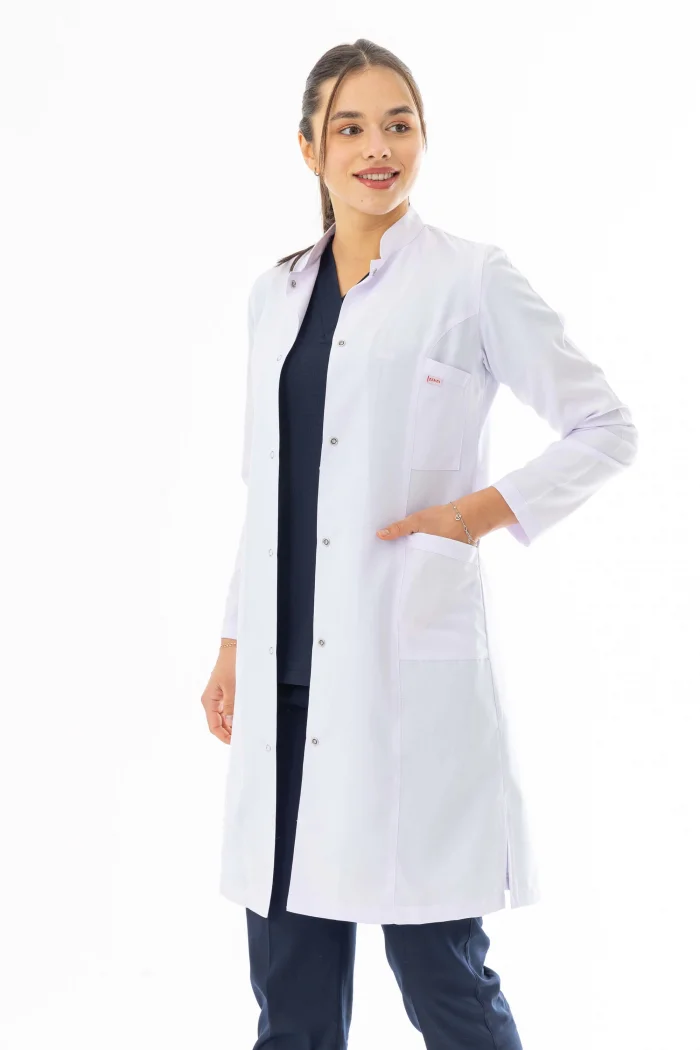 Hakim Yaka Uzun Boy Kadın Doktor Önlüğü Alpaka Kumaş Beyaz (BKO003)