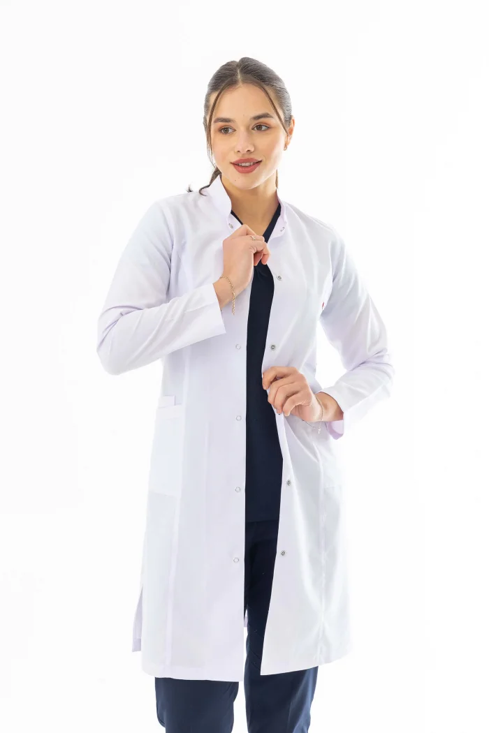 Hakim Yaka Uzun Boy Kadın Doktor Önlüğü Alpaka Kumaş Beyaz (BKO003)