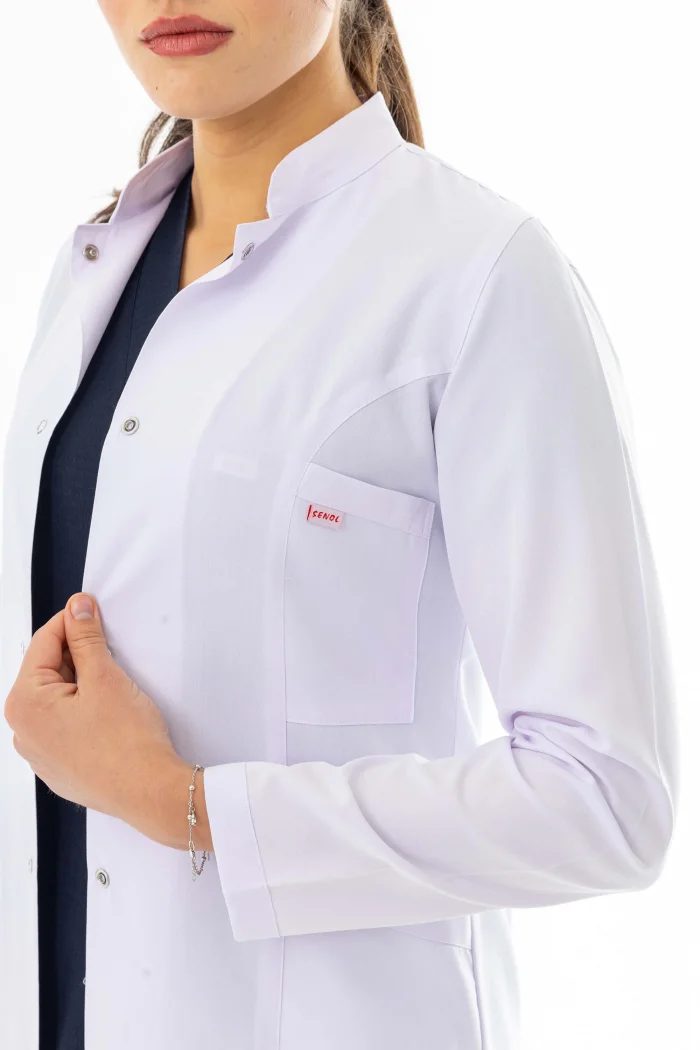 Hakim Yaka Uzun Boy Kadın Doktor Önlüğü Alpaka Kumaş Beyaz (BKO003)