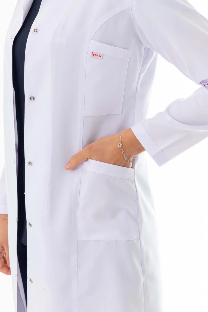 Hakim Yaka Uzun Boy Kadın Doktor Önlüğü Alpaka Kumaş Beyaz (BKO003)