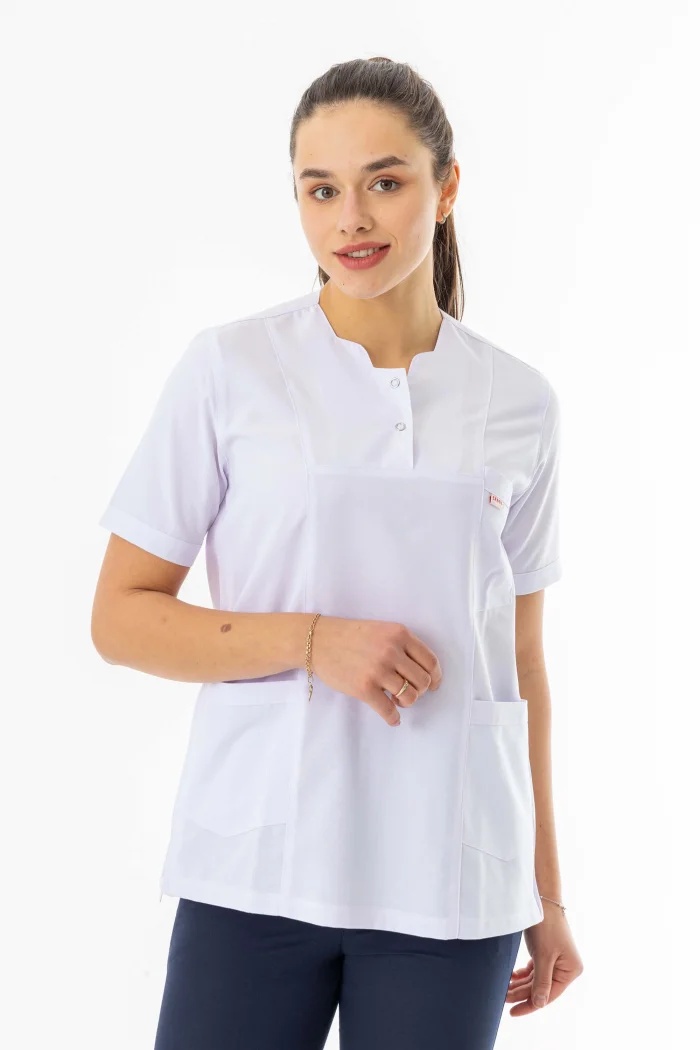 Kısa Kol Hamile Doktor Hemşire Önlüğü Alpaka Kumaş Beyaz (HML001)