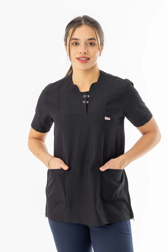 Kısa Kol Hamile Doktor Hemşire Önlüğü Alpaka Kumaş Siyah (HML003)