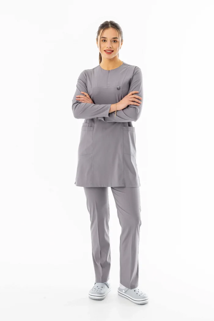 Likra Uzun Kol Doktor Hemşire Forması Alt Üst Takım Açık Gri (LTST20012)