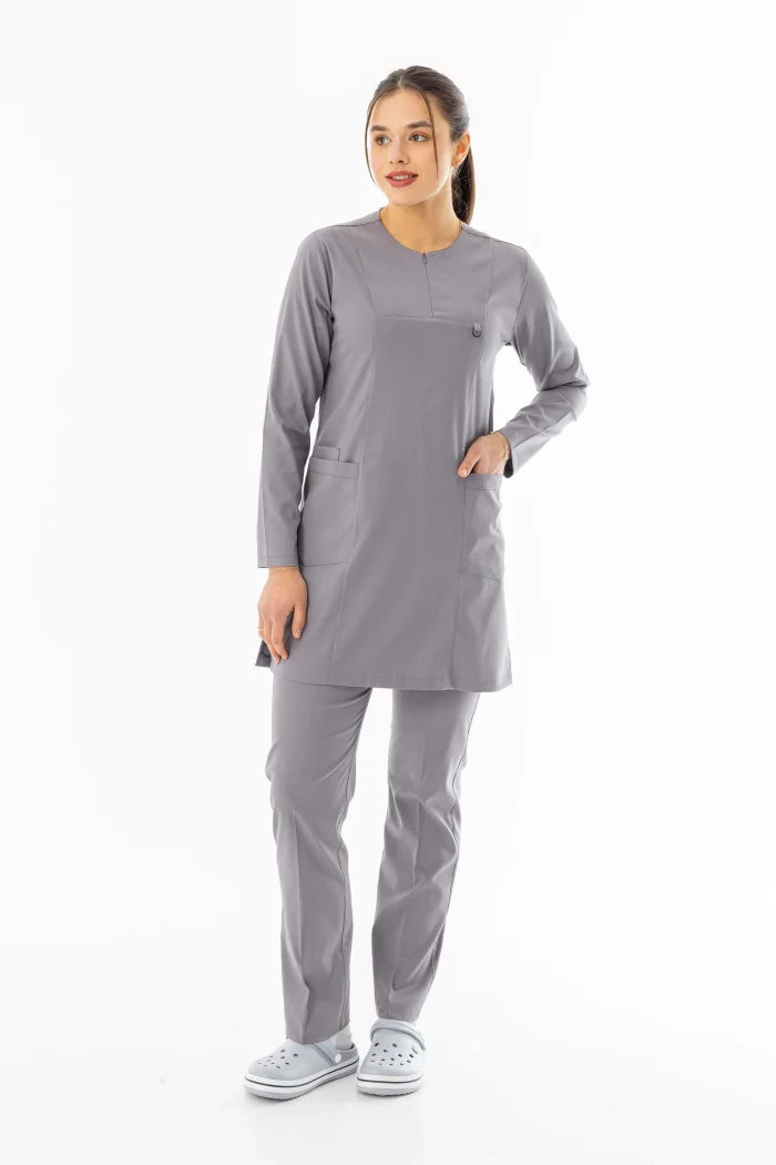 Likra Uzun Kol Doktor Hemşire Forması Alt Üst Takım Açık Gri (LTST20012)