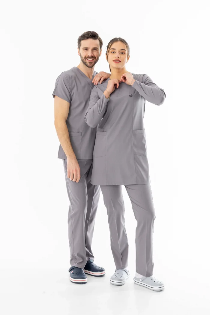 Likra Uzun Kol Doktor Hemşire Forması Alt Üst Takım Açık Gri (LTST20012)