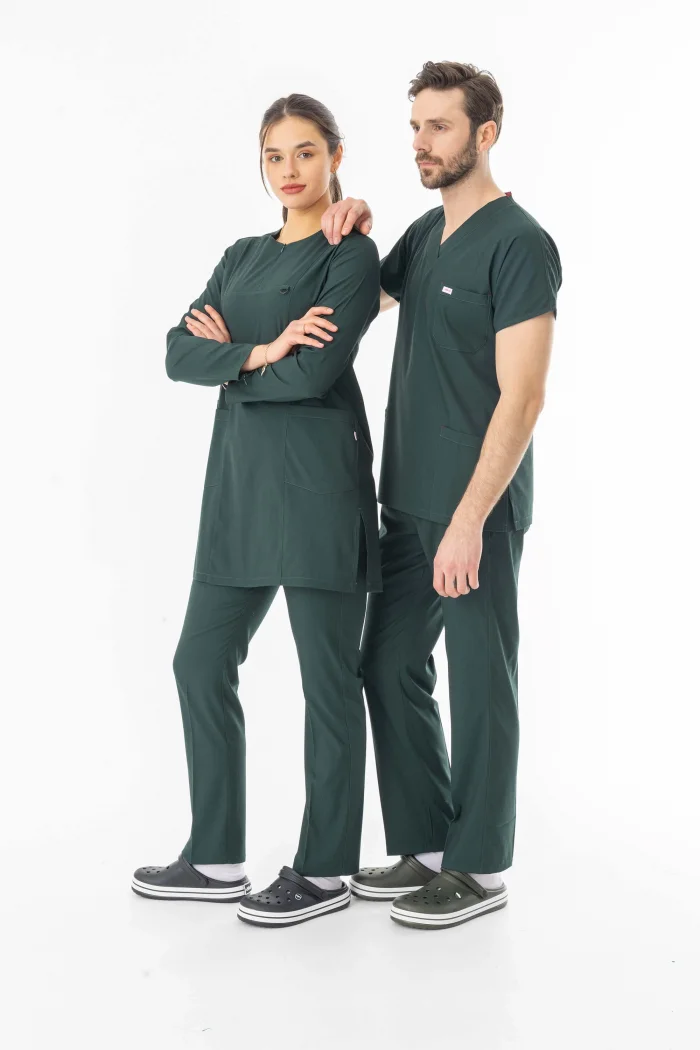 Likra Uzun Kol Doktor Hemşire Forması Alt Üst Takım Avcı Yeşili (LTST20008)