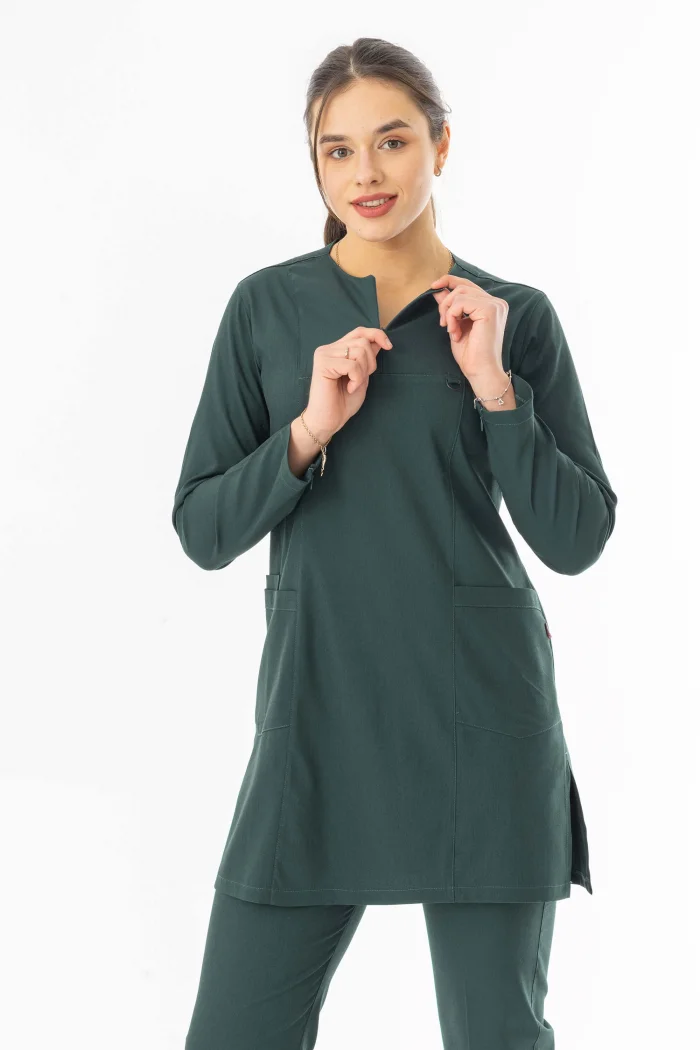 Likra Uzun Kol Doktor Hemşire Forması Alt Üst Takım Avcı Yeşili (LTST20008)