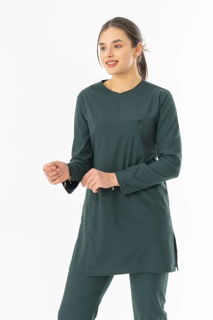 Likra Uzun Kol Doktor Hemşire Forması Alt Üst Takım Avcı Yeşili (LTST20008)