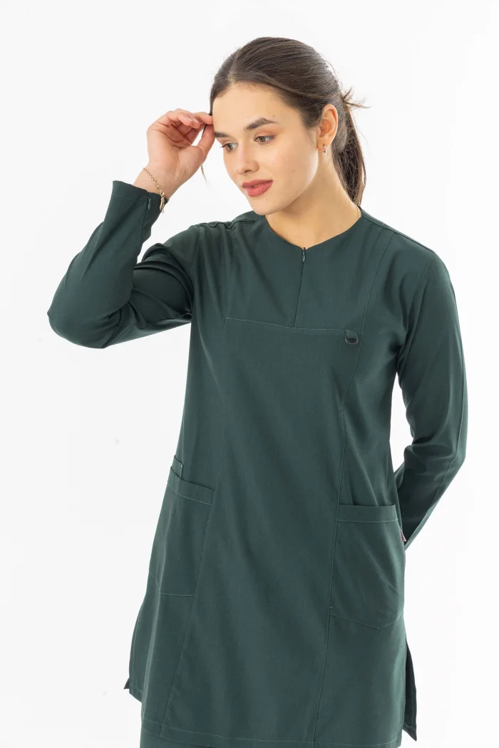 Likra Uzun Kol Doktor Hemşire Forması Alt Üst Takım Avcı Yeşili (LTST20008)