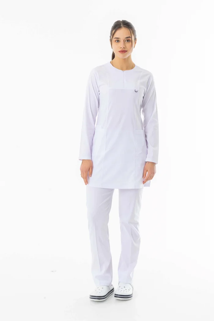 Likra Uzun Kol Doktor Hemşire Forması Alt Üst Takım Beyaz (LTST20009)