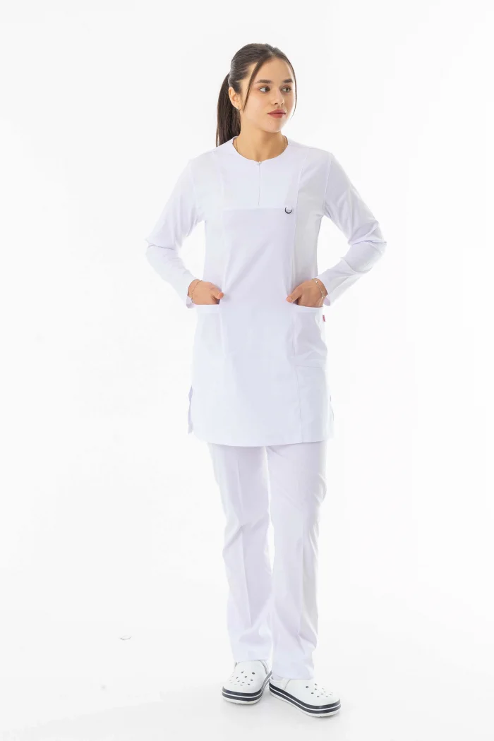 Likra Uzun Kol Doktor Hemşire Forması Alt Üst Takım Beyaz (LTST20009)