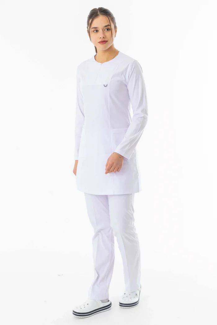 Likra Uzun Kol Doktor Hemşire Forması Alt Üst Takım Beyaz (LTST20009)