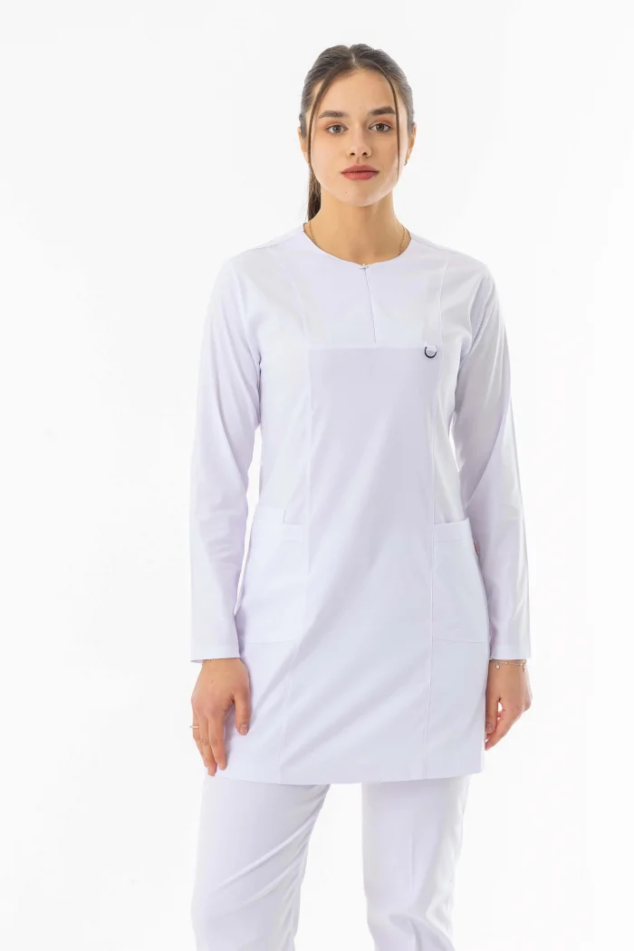 Likra Uzun Kol Doktor Hemşire Forması Alt Üst Takım Beyaz (LTST20009)