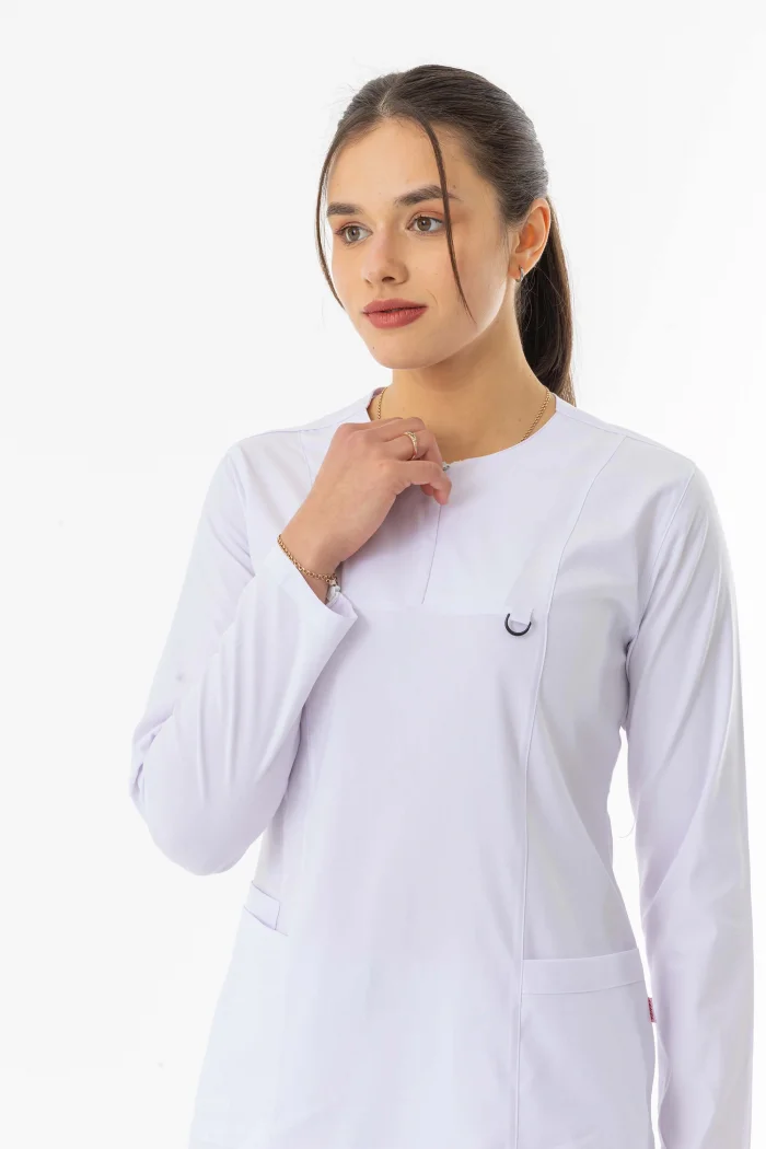 Likra Uzun Kol Doktor Hemşire Forması Alt Üst Takım Beyaz (LTST20009)