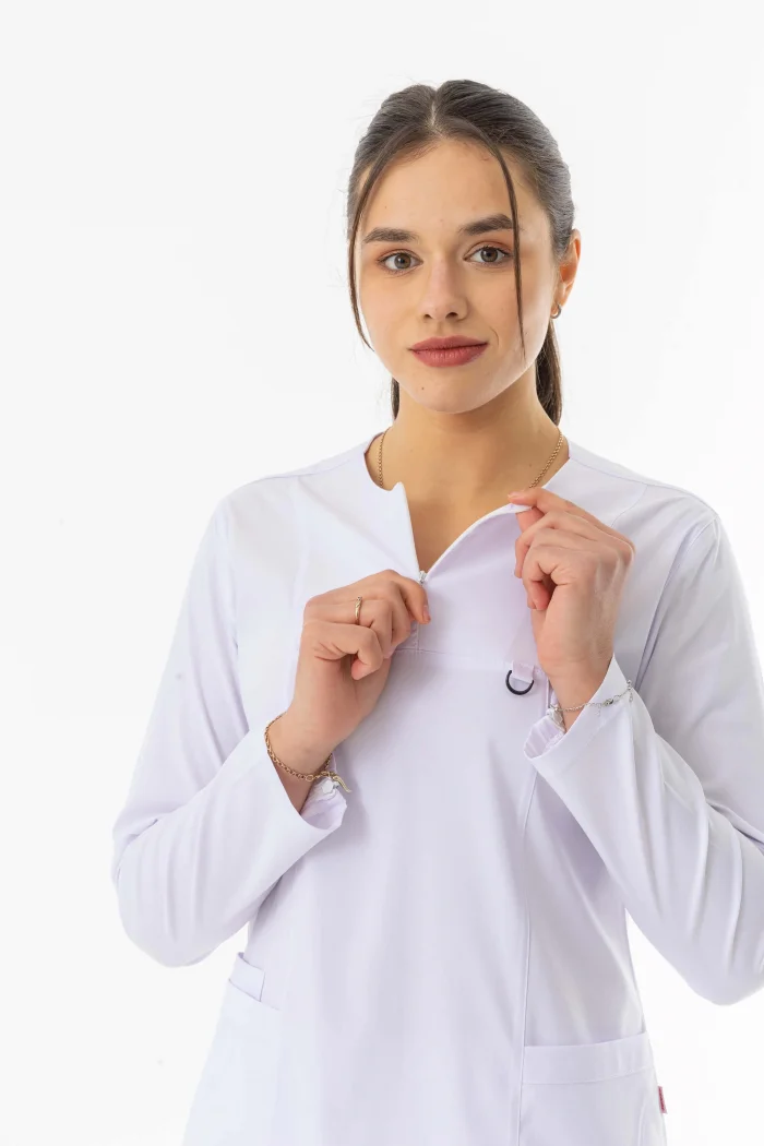 Likra Uzun Kol Doktor Hemşire Forması Alt Üst Takım Beyaz (LTST20009)