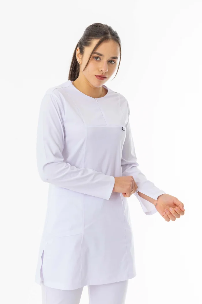 Likra Uzun Kol Doktor Hemşire Forması Alt Üst Takım Beyaz (LTST20009)