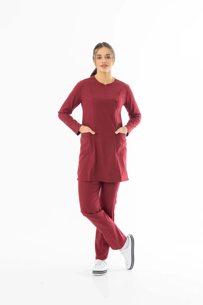 Likra Uzun Kol Doktor Hemşire Forması Alt Üst Takım Bordo (LTST20003)