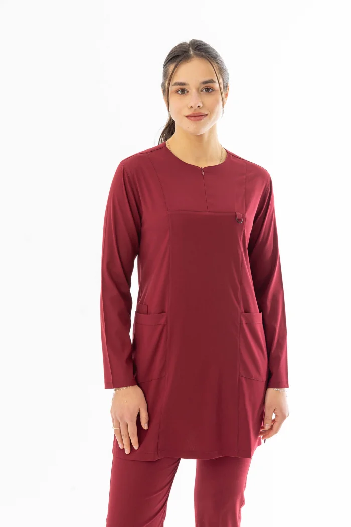 Likra Uzun Kol Doktor Hemşire Forması Alt Üst Takım Bordo (LTST20003)