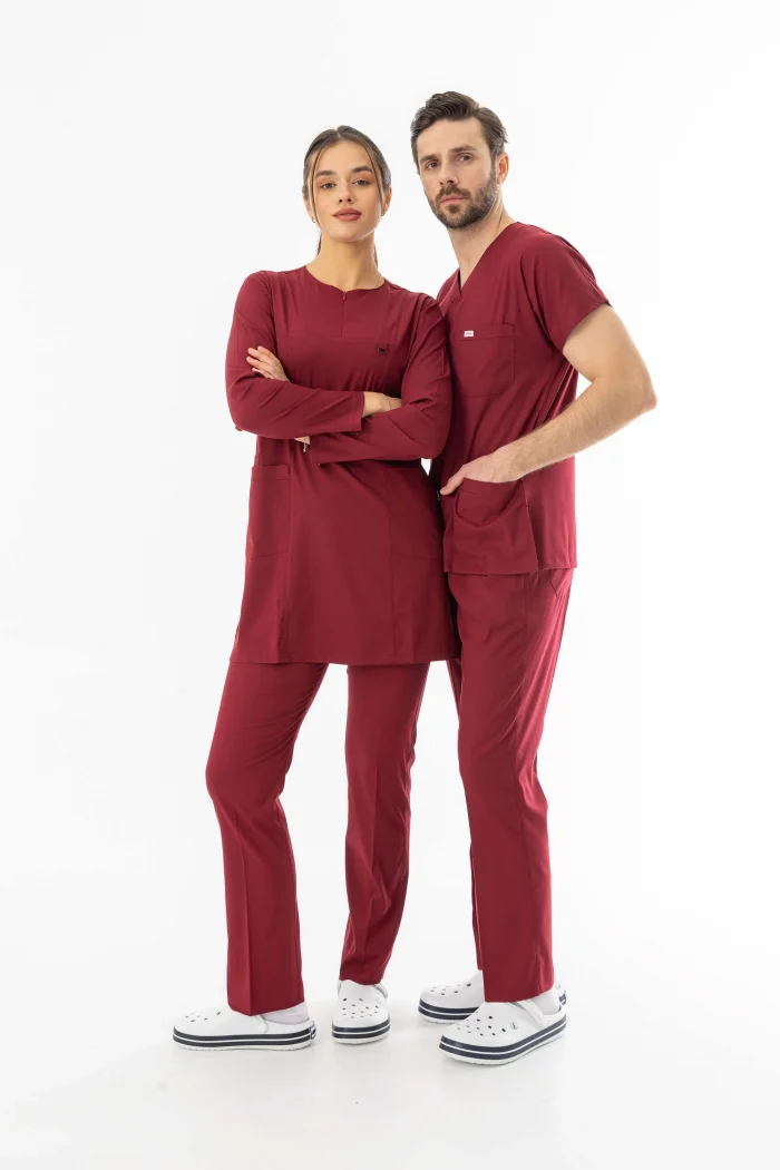 Likra Uzun Kol Doktor Hemşire Forması Alt Üst Takım Bordo (LTST20003)