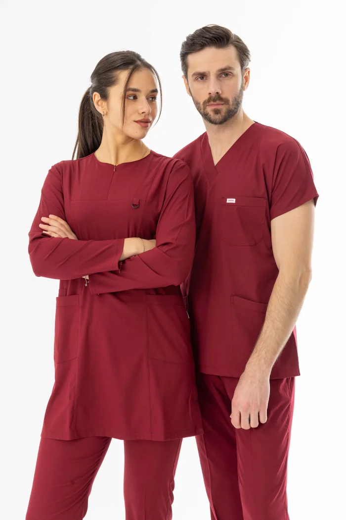 Likra Uzun Kol Doktor Hemşire Forması Alt Üst Takım Bordo (LTST20003)