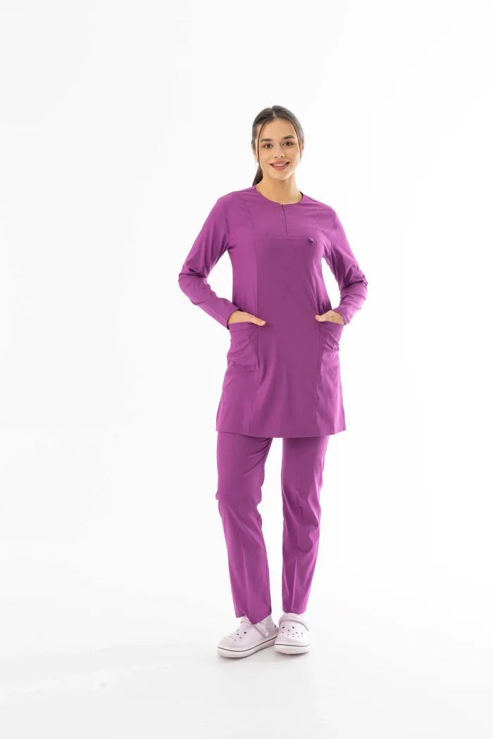 Likra Uzun Kol Doktor Hemşire Forması Alt Üst Takım Fuşya (LTST200015)