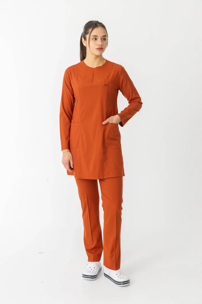 Likra Uzun Kol Doktor Hemşire Forması Alt Üst Takım Kiremit (LTST20007)