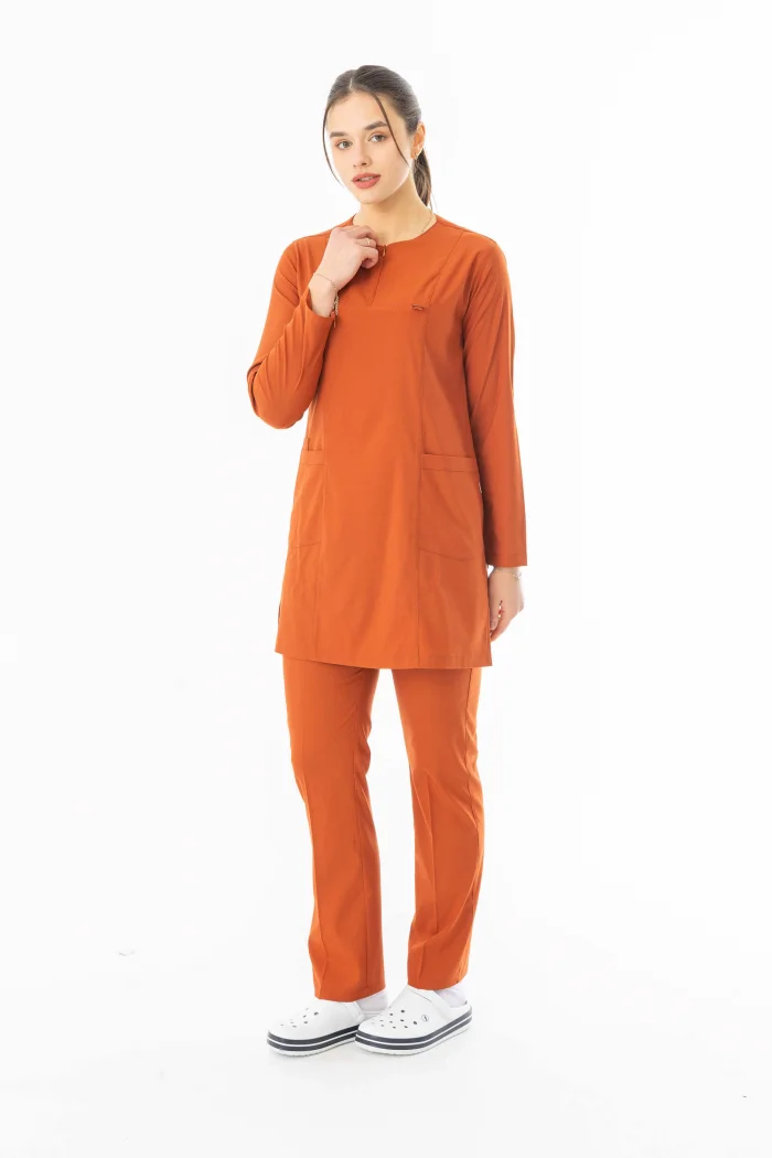 Likra Uzun Kol Doktor Hemşire Forması Alt Üst Takım Kiremit (LTST20007)