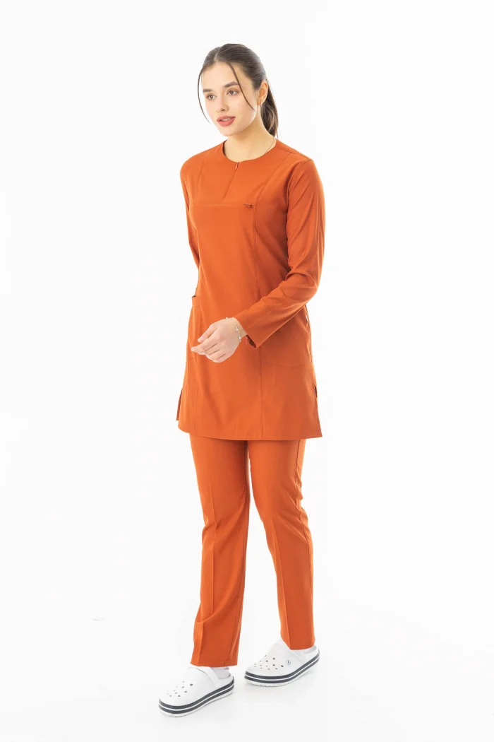 Likra Uzun Kol Doktor Hemşire Forması Alt Üst Takım Kiremit (LTST20007)