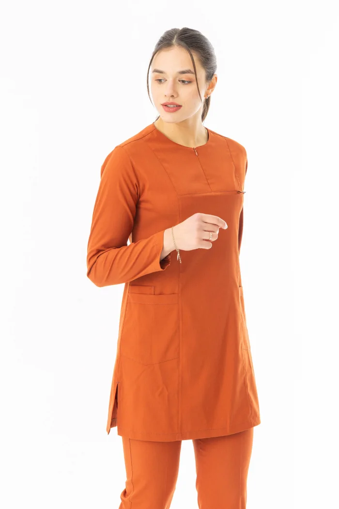 Likra Uzun Kol Doktor Hemşire Forması Alt Üst Takım Kiremit (LTST20007)