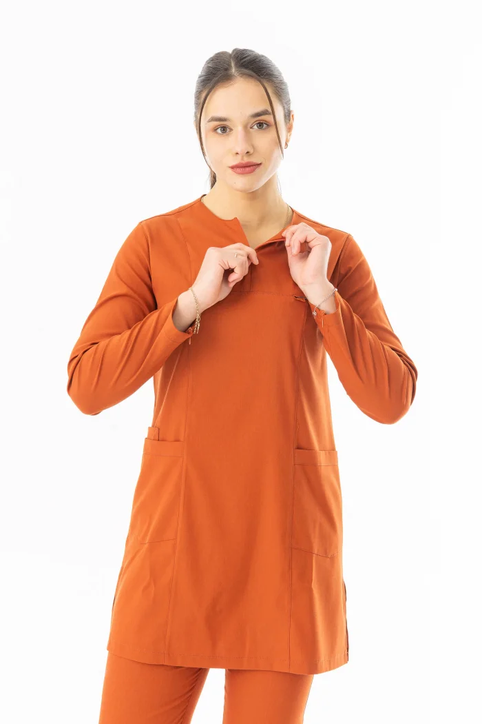 Likra Uzun Kol Doktor Hemşire Forması Alt Üst Takım Kiremit (LTST20007)