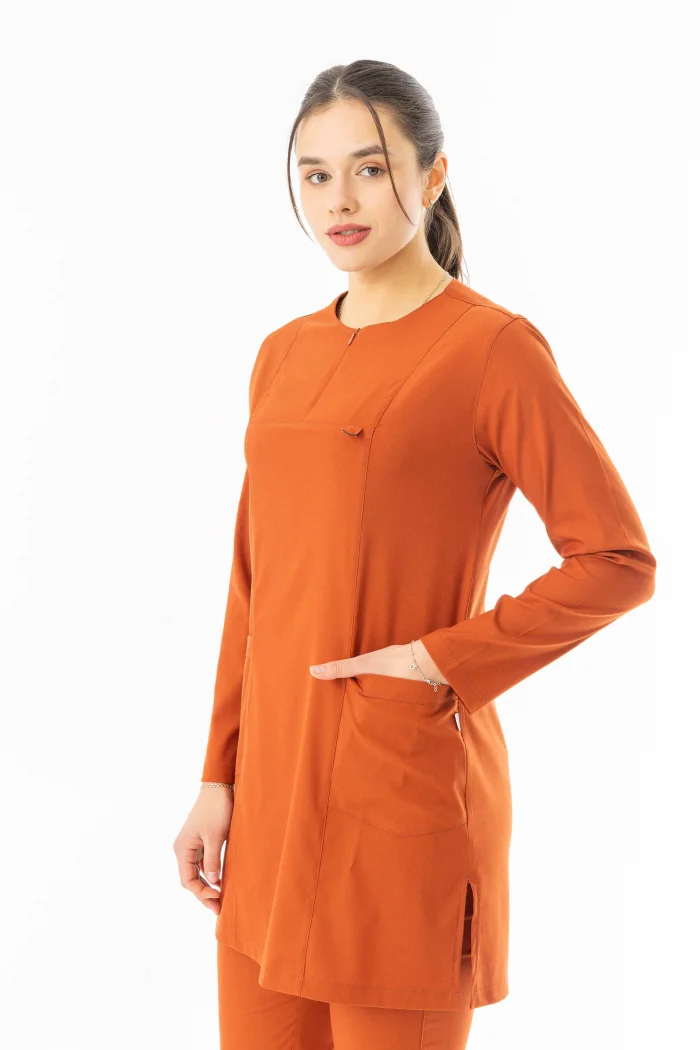 Likra Uzun Kol Doktor Hemşire Forması Alt Üst Takım Kiremit (LTST20007)