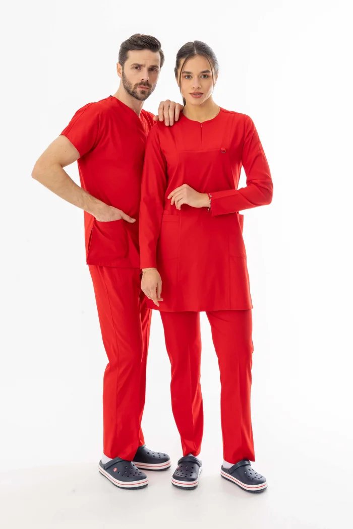 Likra Uzun Kol Doktor Hemşire Forması Alt Üst Takım Kırmızı (LTST20013)