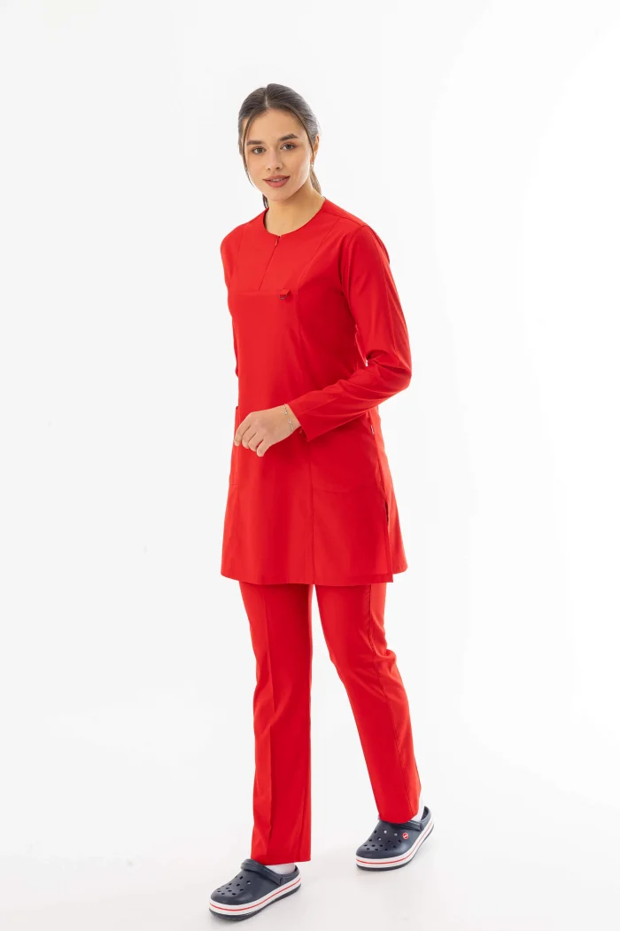 Likra Uzun Kol Doktor Hemşire Forması Alt Üst Takım Kırmızı (LTST20013)
