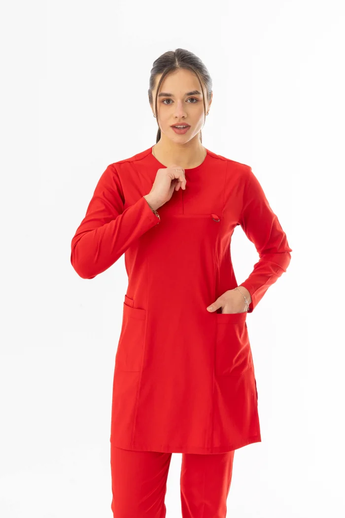 Likra Uzun Kol Doktor Hemşire Forması Alt Üst Takım Kırmızı (LTST20013)