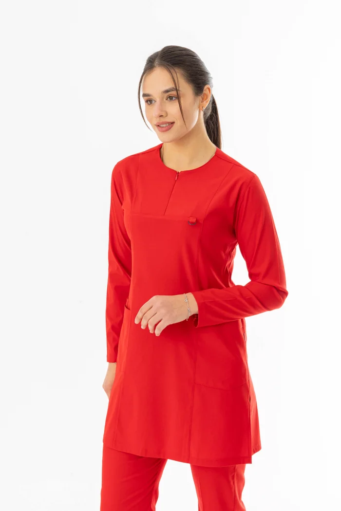 Likra Uzun Kol Doktor Hemşire Forması Alt Üst Takım Kırmızı (LTST20013)