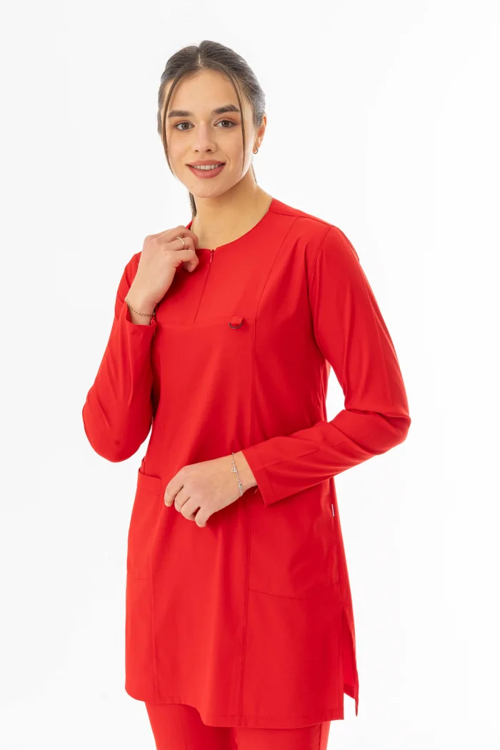 Likra Uzun Kol Doktor Hemşire Forması Alt Üst Takım Kırmızı (LTST20013)