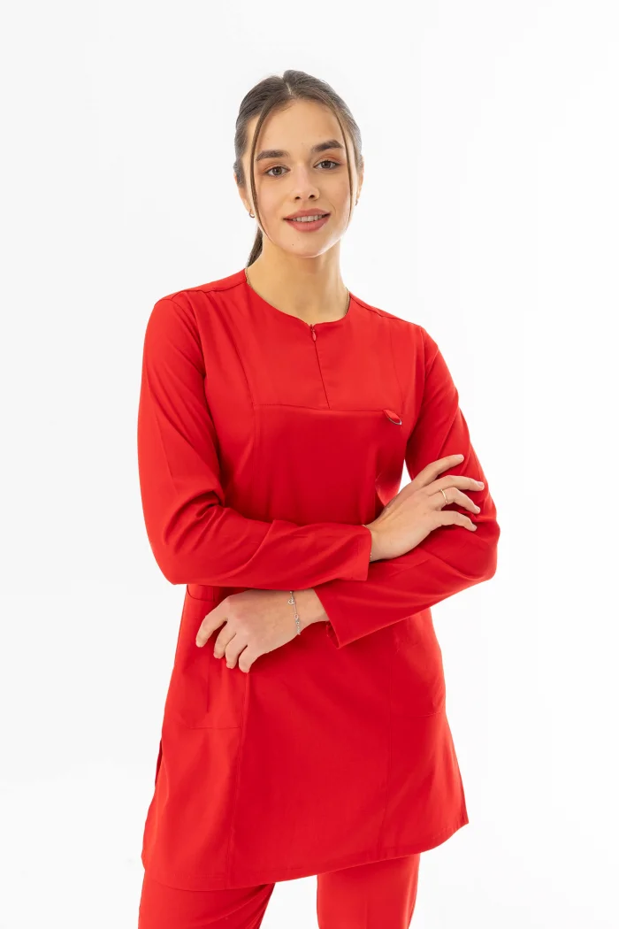 Likra Uzun Kol Doktor Hemşire Forması Alt Üst Takım Kırmızı (LTST20013)