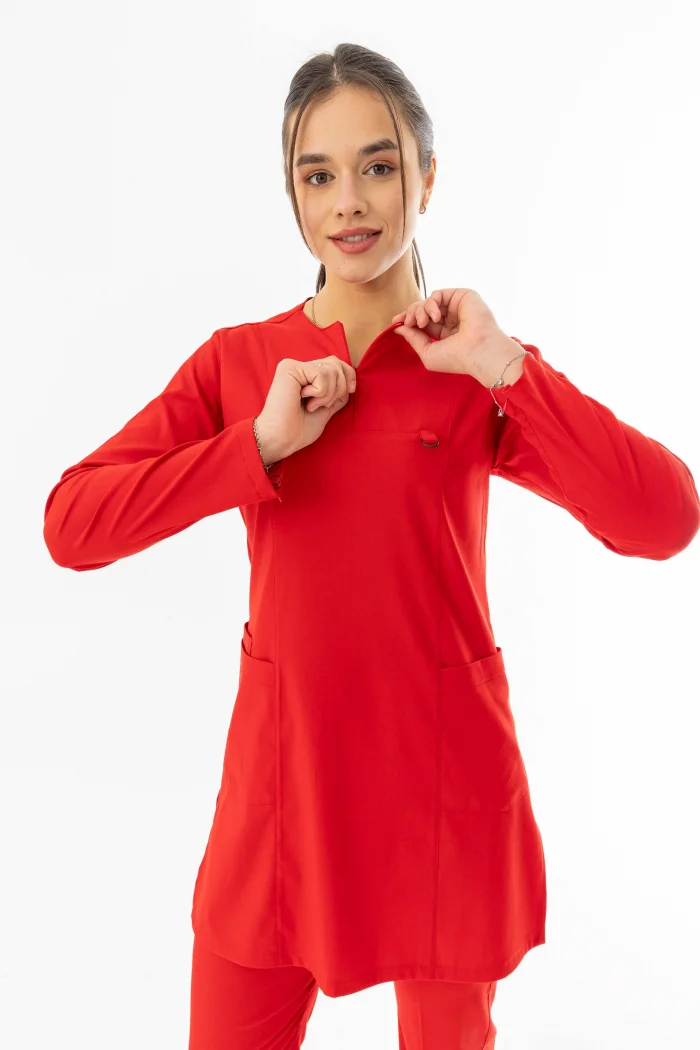 Likra Uzun Kol Doktor Hemşire Forması Alt Üst Takım Kırmızı (LTST20013)