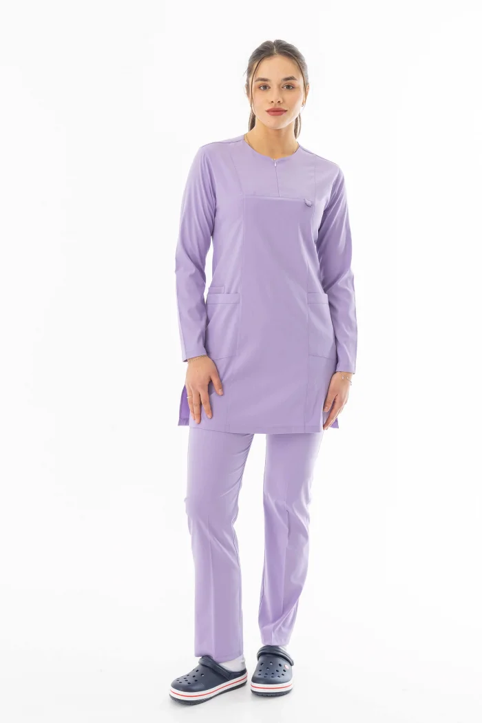 Likra Uzun Kol Doktor Hemşire Forması Alt Üst Takım Lila (LTST20005)
