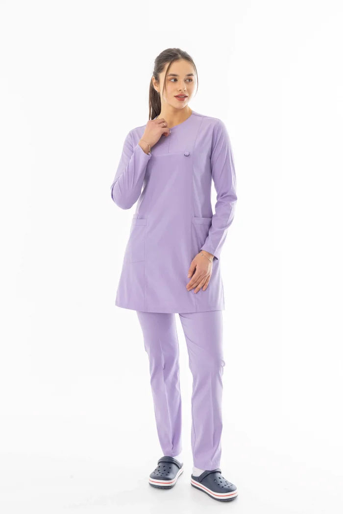 Likra Uzun Kol Doktor Hemşire Forması Alt Üst Takım Lila (LTST20005)