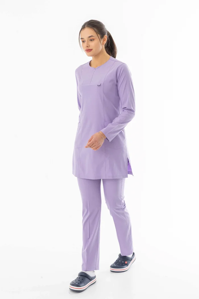 Likra Uzun Kol Doktor Hemşire Forması Alt Üst Takım Lila (LTST20005)