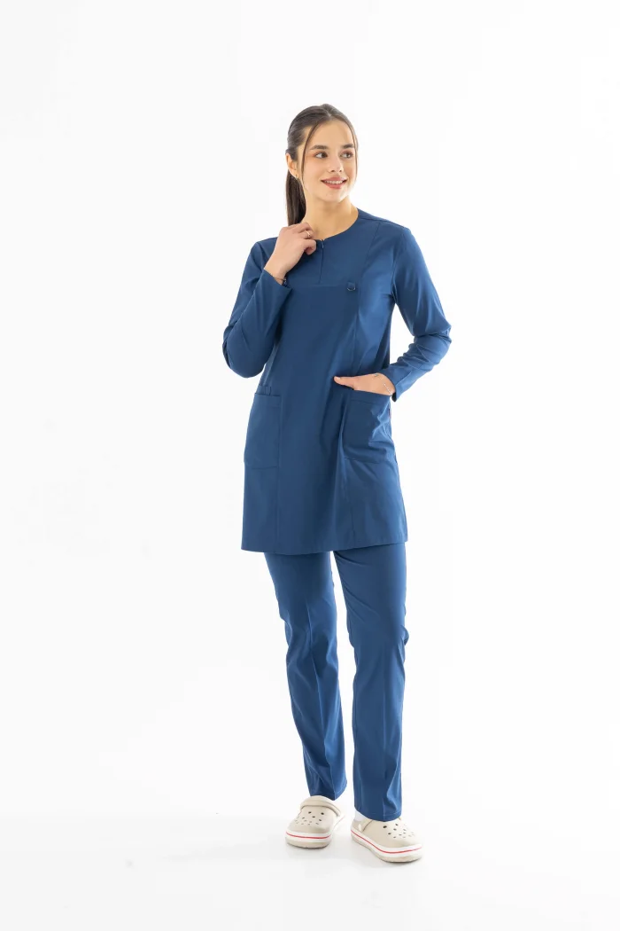Likra Uzun Kol Doktor Hemşire Forması Alt Üst Takım Petrol Mavisi (LTST20006)