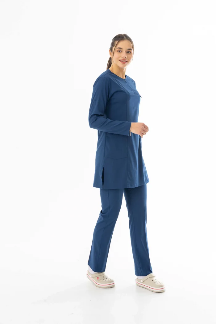 Likra Uzun Kol Doktor Hemşire Forması Alt Üst Takım Petrol Mavisi (LTST20006)