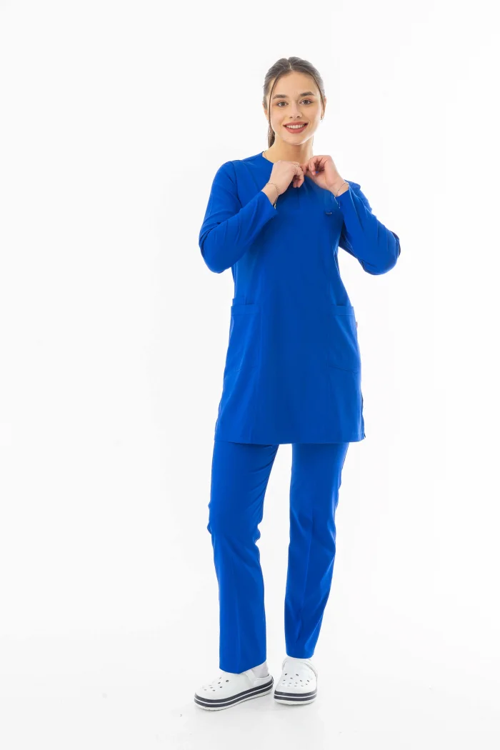 Likra Uzun Kol Doktor Hemşire Forması Alt Üst Takım Saks Mavisi (LTST20010)