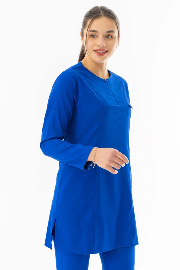 Likra Uzun Kol Doktor Hemşire Forması Alt Üst Takım Saks Mavisi (LTST20010)