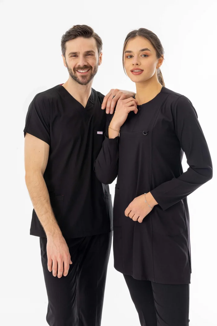 Likra Uzun Kol Doktor Hemşire Forması Alt Üst Takım Siyah (LTST20002)